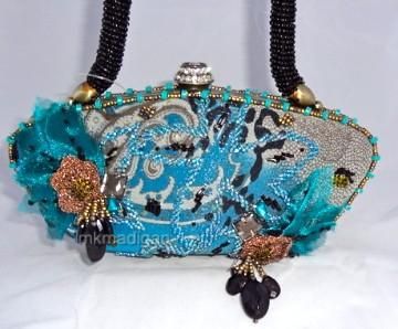 Mary Frances New Uncaged Blue Gray Teal Black Evening Bag Handbag 