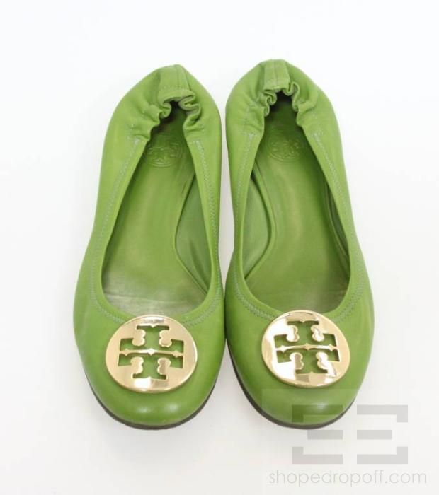 Tory Burch Green Leather And Gold Medallion Reva Flats Size 8.5  