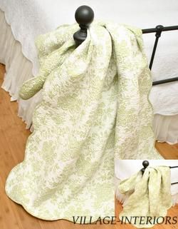 FRENCH COUNTRY GREEN & WHITE TOILE COTTON QUILT THROW  