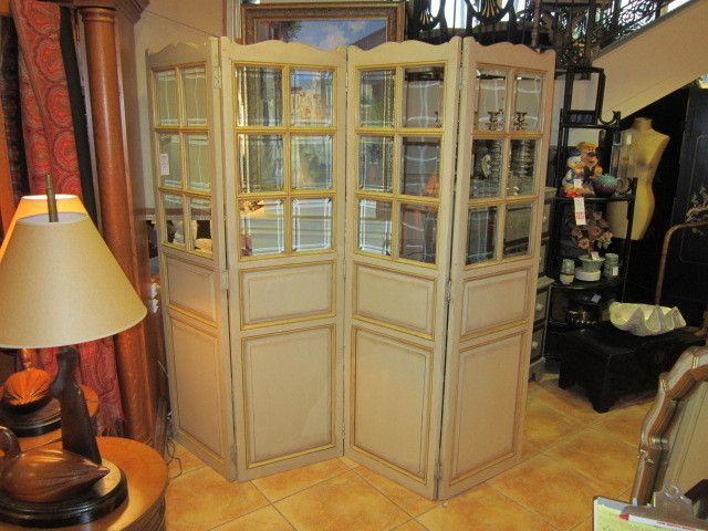 Unique Painted French Beveled Glass Screen, Room Divider, Solid Wood 