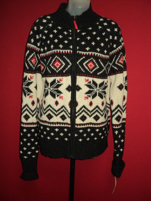   100% Lambswool Red White Blue Showflake Cardigan Ski Sweater XL TAGS