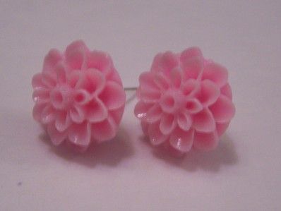 Light Pink Carnation Flower Stud Earrings Cabochon Flowers RoseBud New 