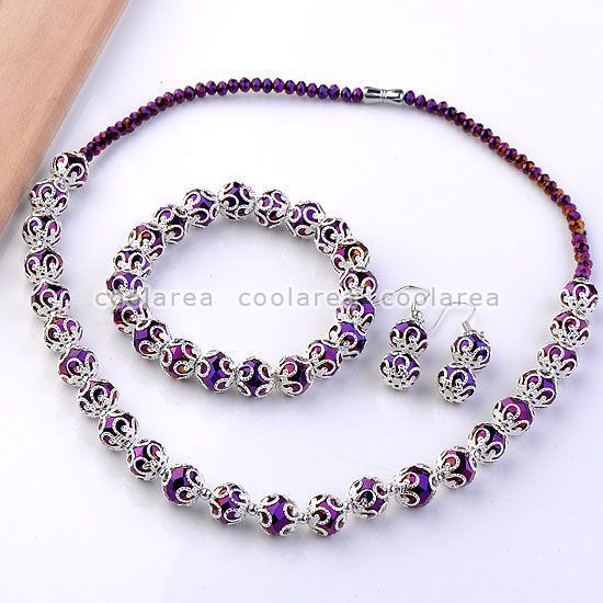   Purple Crystal Glass Bead Necklace Bracelet Earrings Lady Jewelry