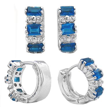 Personalized Jewelry NIB HOOP BLUE SAPPHIRE WHITE GOLD GP EARRINGS 